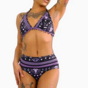 Baphomet Bikini set Purple & Black W/Pom Poms [M] *NWT* Pastel Goth
